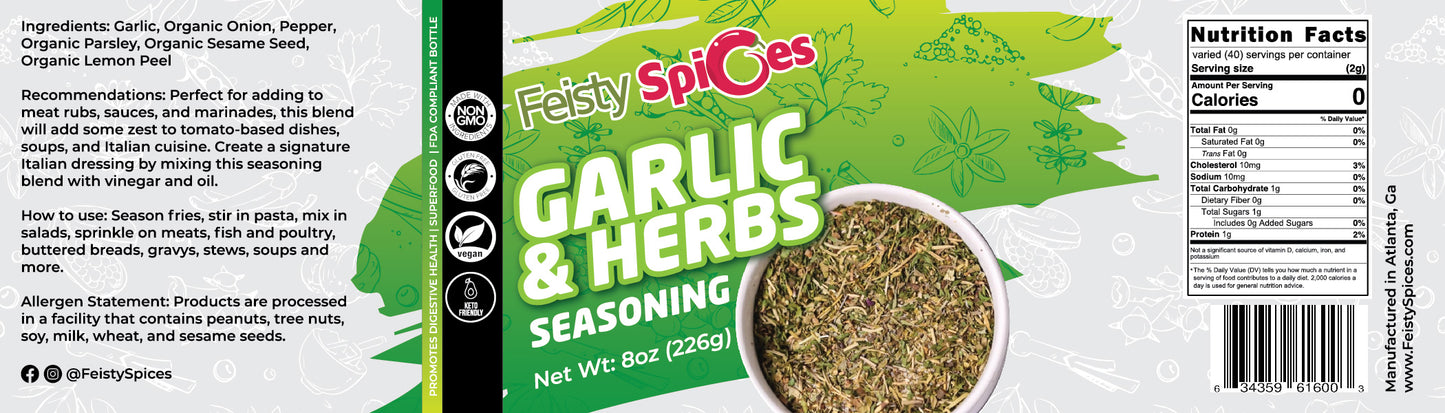 Feisty Spices Organic Garlic and Herb Seasoning- Gluten Free