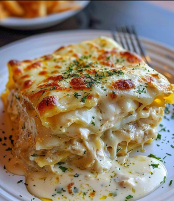 Creamy white sauce lasagna slice topped with melted cheese and herbs on white plate