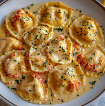 Plate of lobster ravioli in creamy sauce garnished with herbs and black pepper