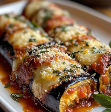 Close-up of baked eggplant rollatini topped with melted cheese, tomato sauce, and herbs on a white plate