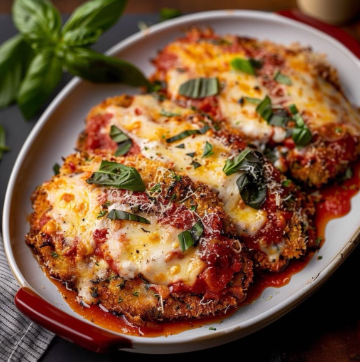 Baked chicken parmesan with melted cheese, marinara sauce, and fresh basil on white serving dish