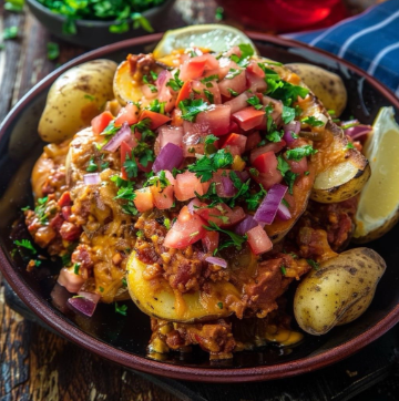 Plate of loaded nachos topped with melted cheese, ground meat, diced tomatoes, red onions, fresh cilantro, with lemon wedges and baby potatoes
