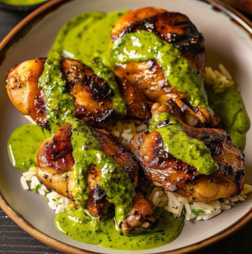 Grilled chicken drumsticks topped with green herb sauce on a bed of white rice on a plate