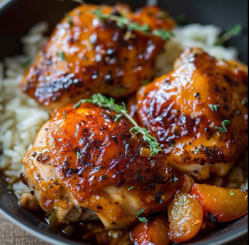 Glazed roasted chicken thighs served on white rice with herbs and roasted vegetables in a black bowl