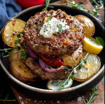 Grilled layered veggie burger with melted cheese, grilled lemon slices, and fresh herbs in a bowl