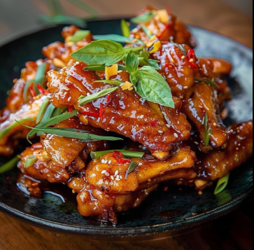 Spicy glazed chicken wings garnished with fresh basil, green onions, red chili, and sesame seeds on a black plate