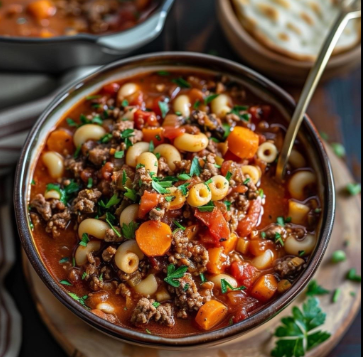 Hearty bowl of beef vegetable soup with pasta, carrots, tomatoes, and fresh parsley garnish