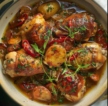 Braised chicken thighs with caramelized onions, red chili slices, garlic, and fresh herbs in a savory broth