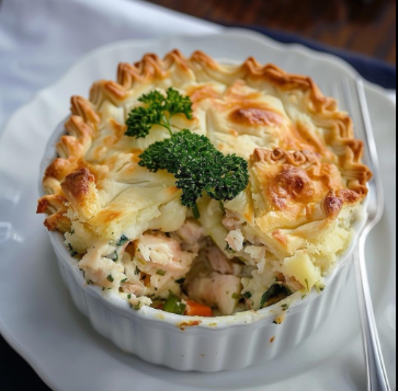 Baked chicken pot pie with golden crust and parsley garnish in a white ramekin on a plate