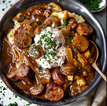 Bowl of sausage and onion gravy over noodles topped with sour cream and fresh herbs on a table