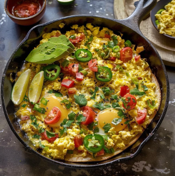 Skillet with sunny-side eggs, scrambled eggs, jalapeños, cherry tomatoes, cilantro, avocado slices, and lime wedges