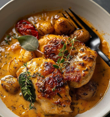 Grilled chicken breasts with roasted small potatoes in creamy herb sauce garnished with fresh thyme and sage in a bowl