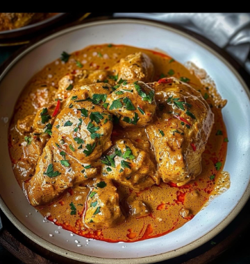 Creamy chicken curry garnished with fresh herbs and red chili flakes in a white bowl