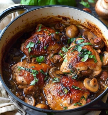 Braised chicken thighs cooked with mushrooms and fresh herbs in a cast iron pot