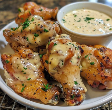 Grilled chicken wings topped with creamy sauce and herbs served with a bowl of dipping sauce