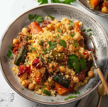 bowl of couscous salad with chickpeas, roasted vegetables, and fresh parsley on white surface