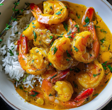 Close-up of shrimp curry with herbs served over white rice in a white bowl