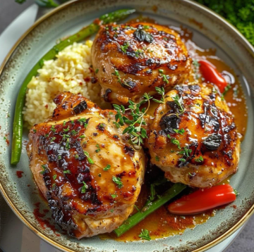 Grilled chicken thighs with herbs and sauce served with green beans and mashed cauliflower on a plate