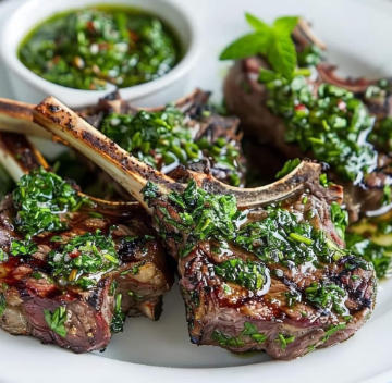 Grilled lamb chops topped with green herb sauce served on a white plate with extra sauce in bowl