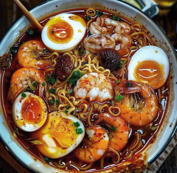 Bowl of shrimp ramen with soft-boiled eggs, mushrooms, noodles, and spicy broth