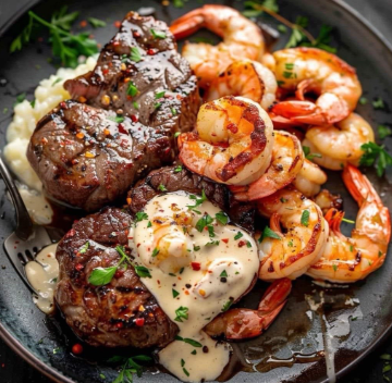 Grilled steak and shrimp served with creamy sauce and herbs on black plate