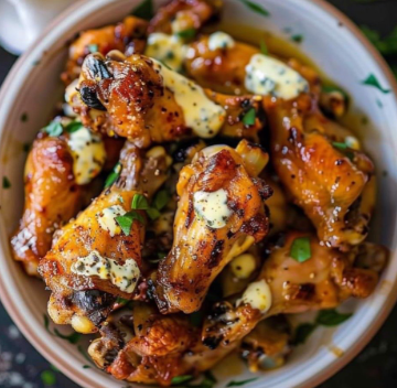 Bowl of glazed chicken wings topped with creamy ranch dressing and garnished with chopped parsley