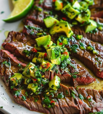 Grilled sliced steak topped with fresh avocado salsa and herbs on a white plate