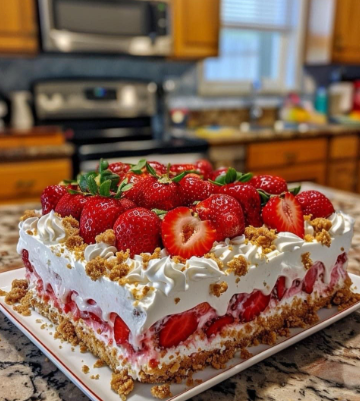 Fresh strawberry dessert with whipped cream and crumb topping on kitchen countertop