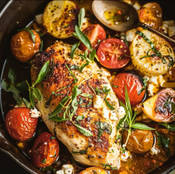 Pan-seared chicken breast with roasted cherry tomatoes, fresh herbs, and spices in a skillet