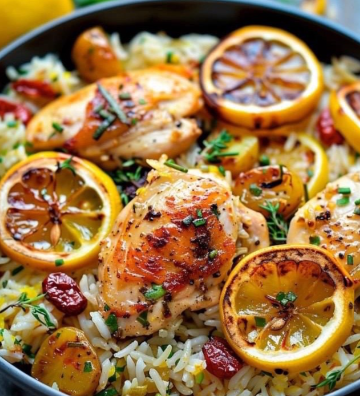 Grilled lemon chicken thighs served with rice, roasted lemon slices, herbs, and spices in a skillet