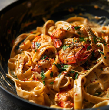 Creamy shrimp fettuccine pasta with herbs and spices in a black bowl