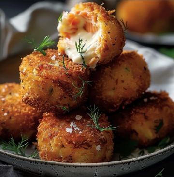 Close-up of golden crispy croquettes with creamy filling and dill garnish on a gray plate