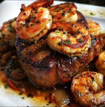 Grilled steak topped with seasoned shrimp, garnished with herbs and served with sautéed vegetables