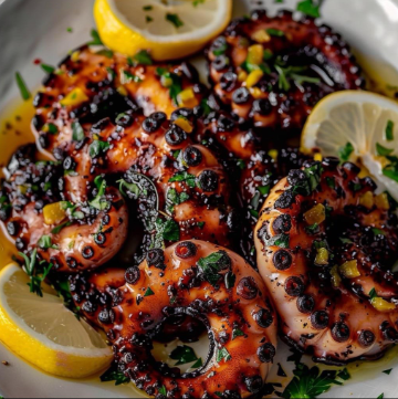 Grilled octopus tentacles garnished with fresh parsley and lemon wedges on a white plate