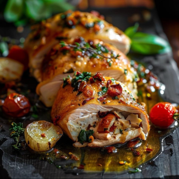 Close-up of baked chicken stuffed with mushrooms and herbs, garnished with roasted garlic, cherry tomatoes, and fresh thyme on a black platter.