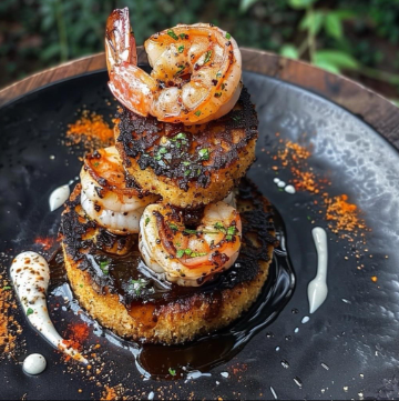Grilled shrimp atop stacked crispy fried patties with sauces and spices on a black plate