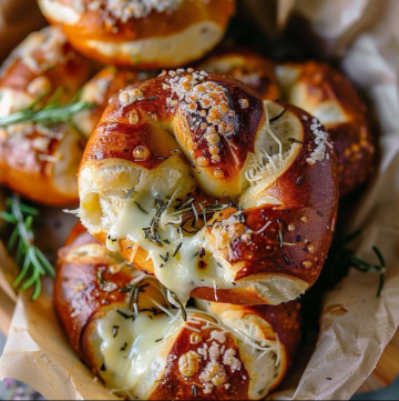 Close-up of soft pretzels topped with melted cheese, coarse salt, pine nuts, and rosemary on parchment paper