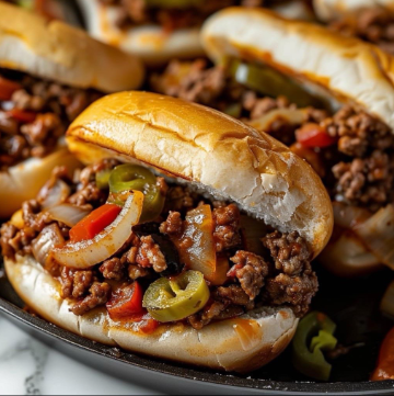 Close-up of chili cheese hot dog sandwich with ground beef, jalapenos, onions, and diced tomatoes on toasted buns