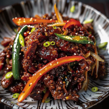 Spicy Asian beef stir-fry with sliced red and green chili peppers, sesame seeds, and scallions on a decorative plate
