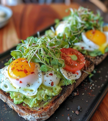Avocado toast with fried eggs, tomato slices, microgreens, and seasoning served on rustic bread