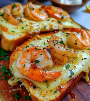Close-up of toasted bread topped with melted cheese, grilled shrimp, and chopped herbs on wooden board
