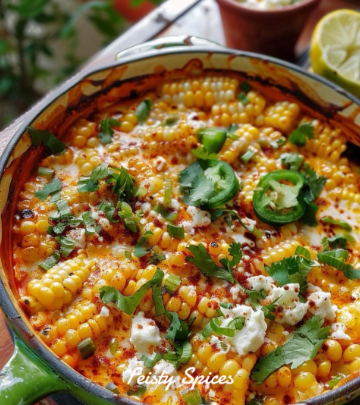 Close-up of cheesy Mexican street corn casserole with jalapeño slices, cilantro, and spices in a ceramic dish