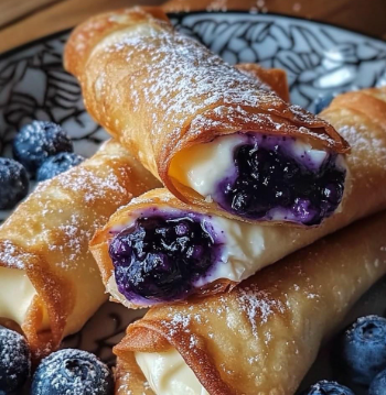 Golden crispy cannoli filled with creamy ricotta and fresh blueberries on patterned plate